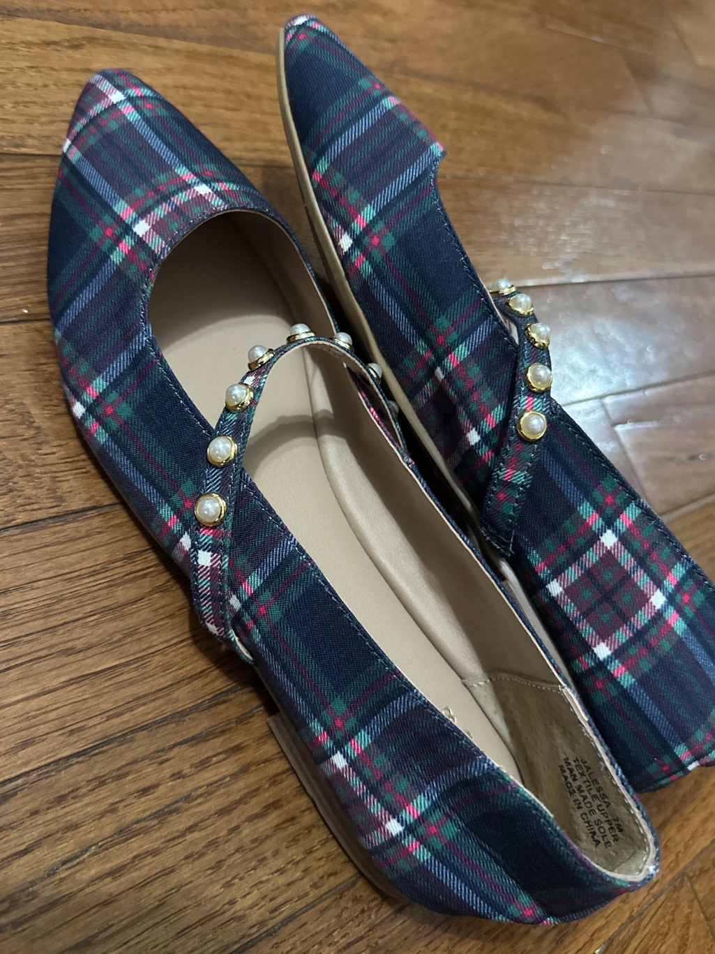 Crown & Ivy Jalessa Pointed-Toe Flat With Plaid & Pearl-Beaded Strap- Size 7